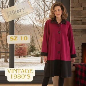 J. HILARY Women's VINTAGE Magenta Black Colorblock Wool Swing Coat Size 10